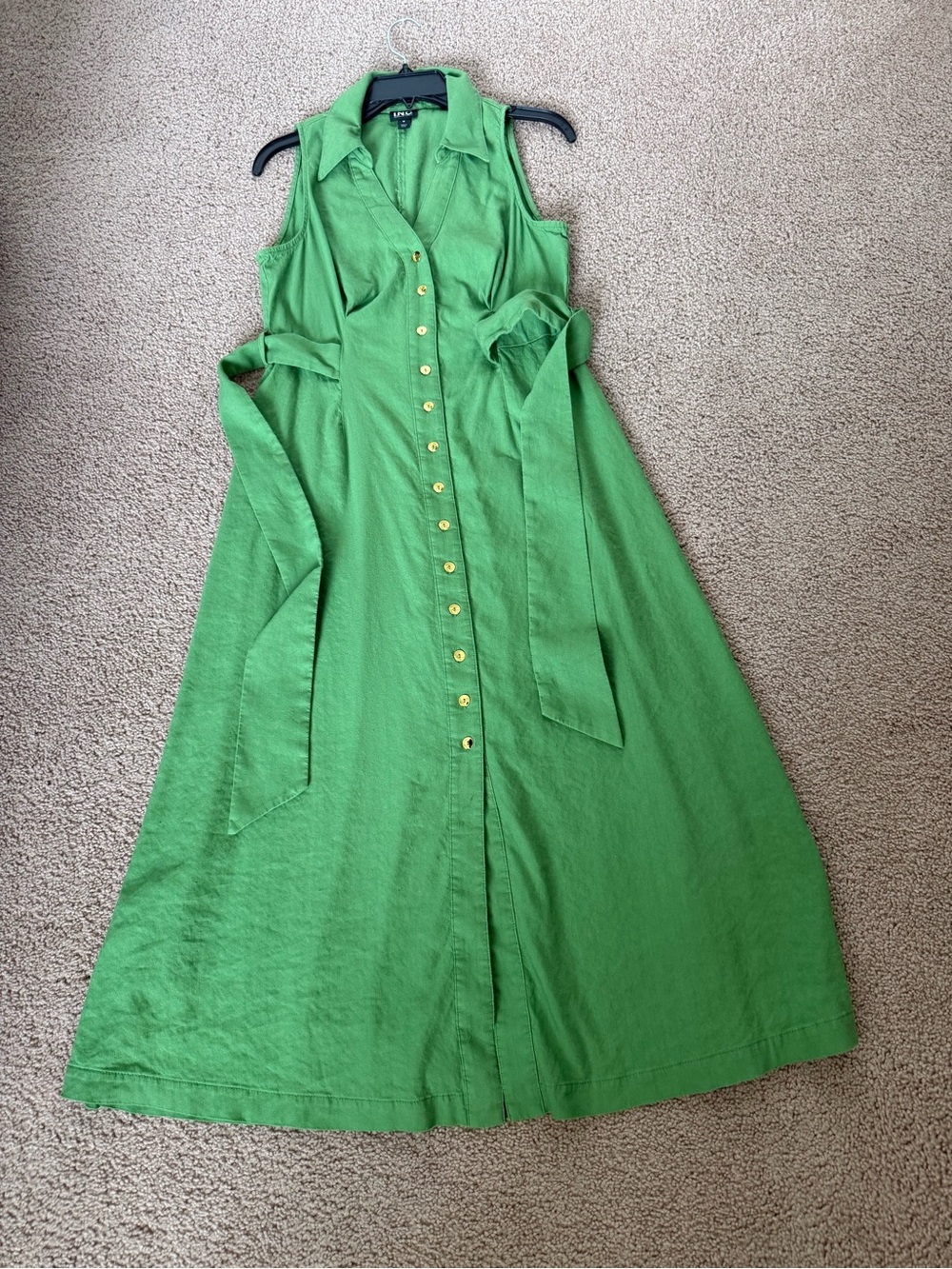 INC International Concepts Bright Green Button-Front Maxi Dress with Waist Tie